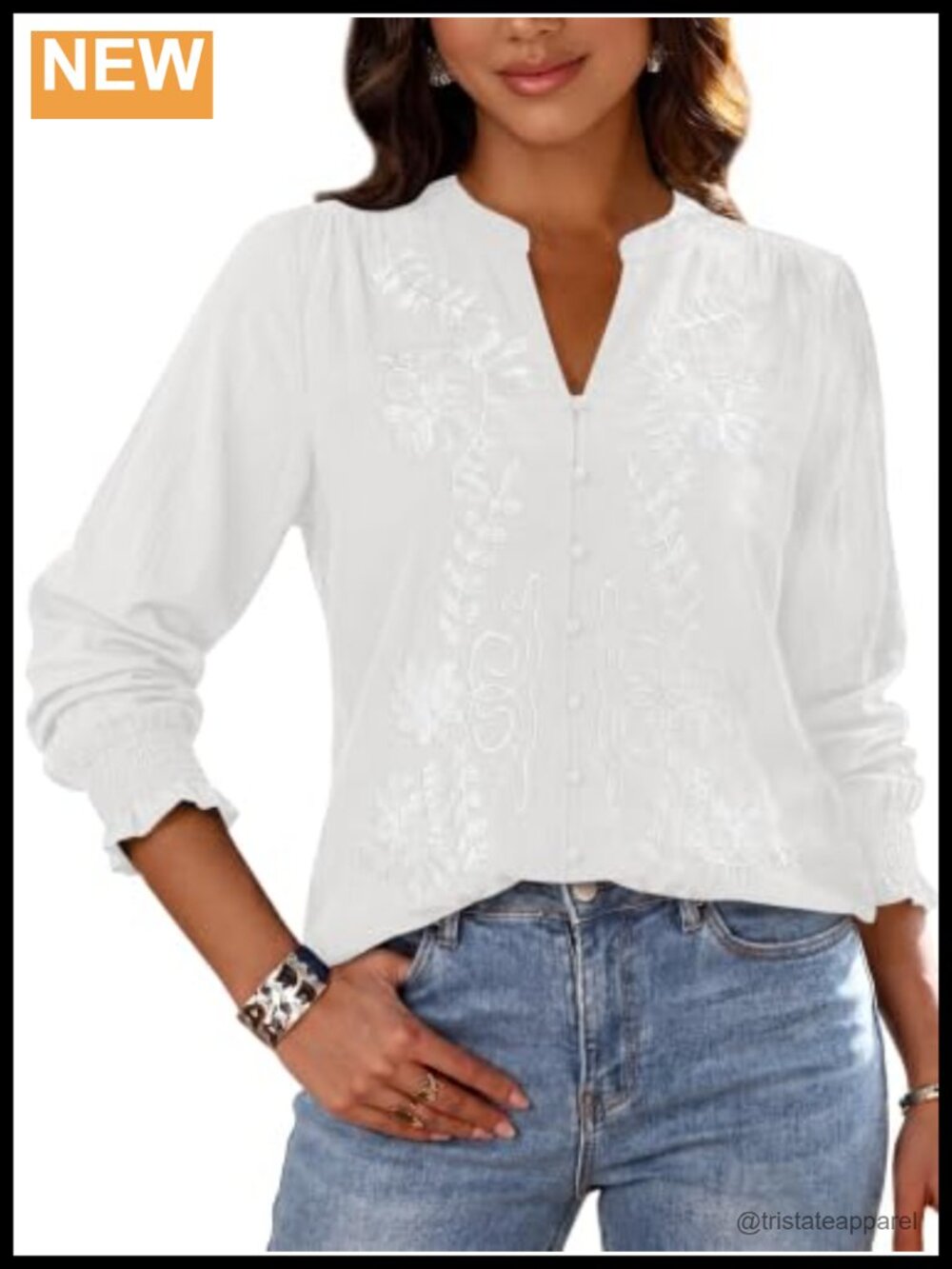 Womens Boho Floral Embroidered V-Neck Button Down Long Puff Sleeve Blouse